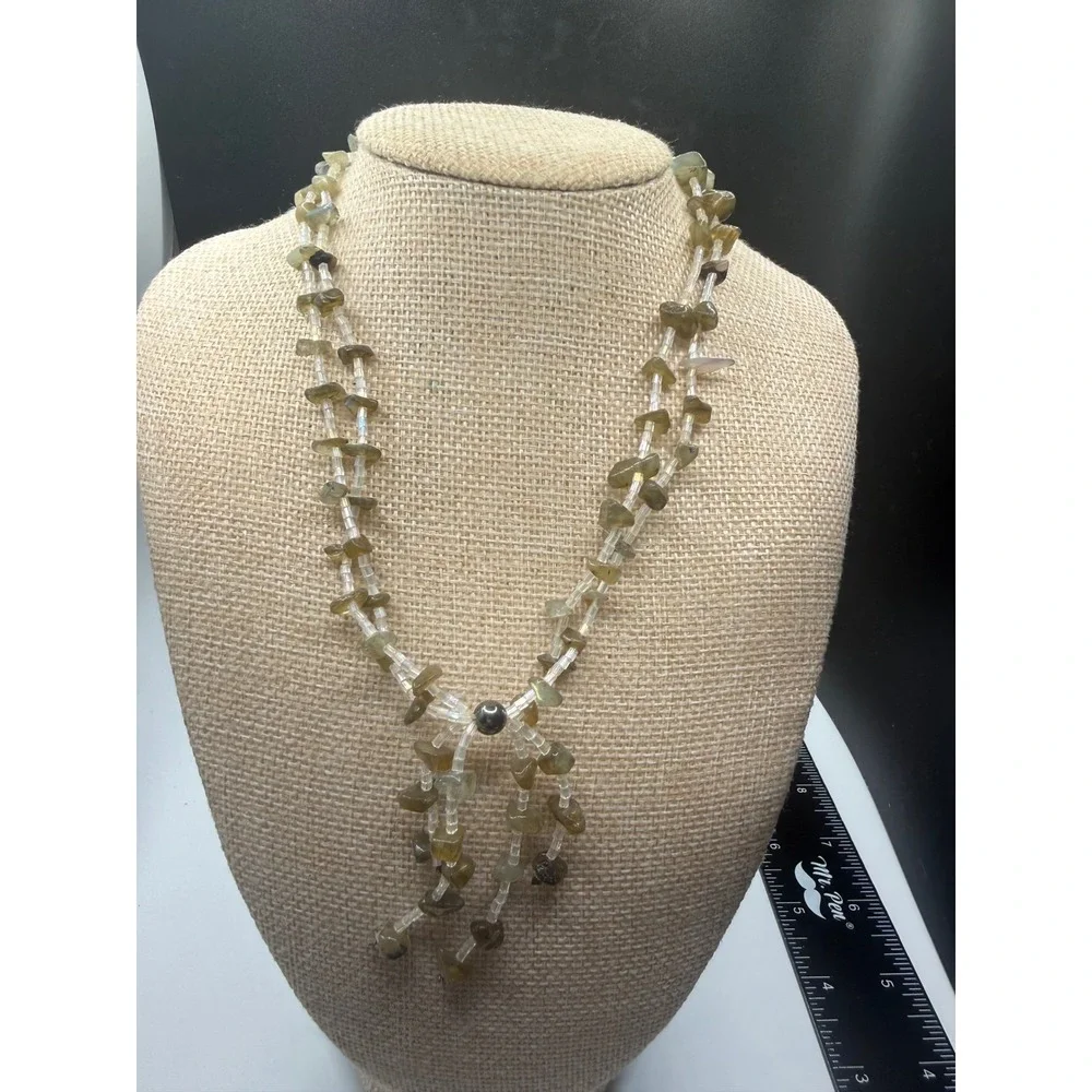 Labradorite Chip Bead‎ Double Strand Necklace Iridescent Seed Beads Boho Tassel